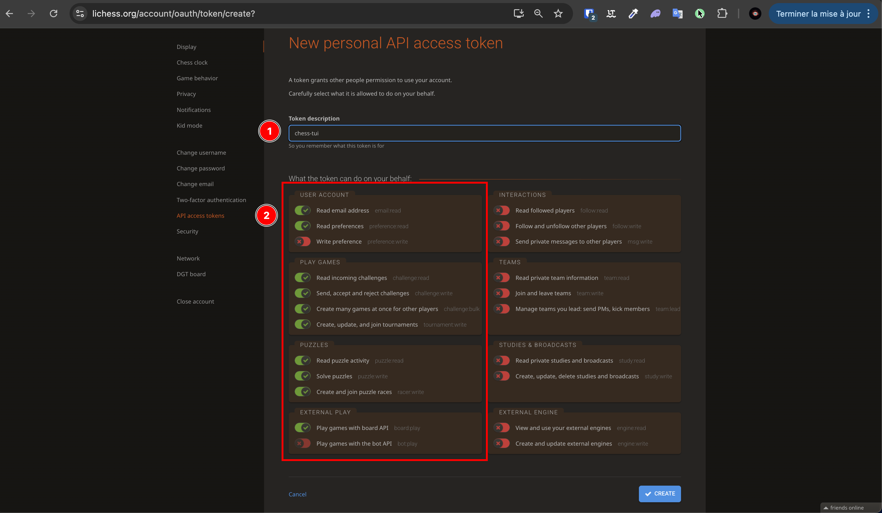 Token configuration form
